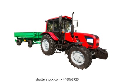 New Agricultural Tractor And Trailer Isolated On White Background With Clipping Path