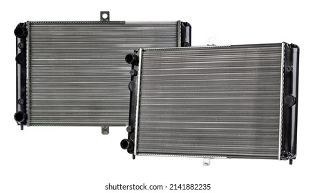 New Aluminium Car Radiator Set Isolated On White Background. Auto Radiator Part Cut Out.