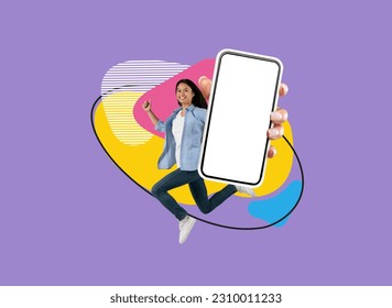 New App. Happy Asian Female Demonstrating Smartphone With Big Blank Screen While Jumping Over Colorful Abstract Background, Cheerful Korean Woman Recommending Mobile Application, Mockup