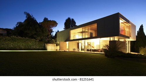 New architecture, beautiful modern house outdoors at night
