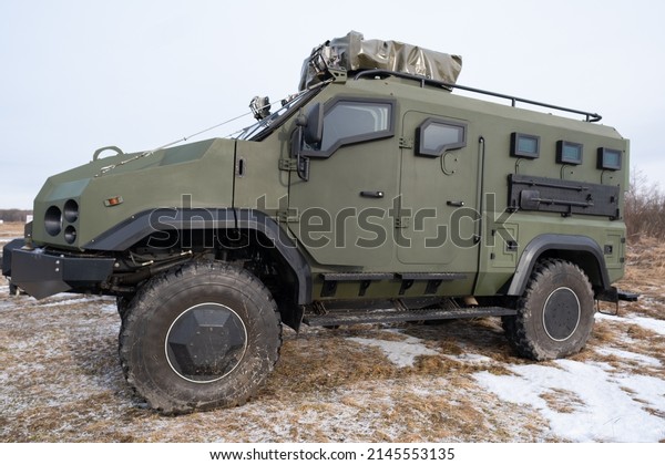 New armored personnel carrier armored car\
of the Ukrainian army. War in Ukraine.\
2022.