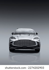 New astonishing modern futuristic SUV sports car with big grille front view on a grey background