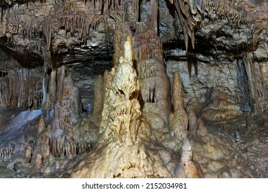 New Athos cave with stalactites and stalagmites in Abkhazia. New Athos cave with stalactites and stalagmites in Abkhazia. A huge underground cave.