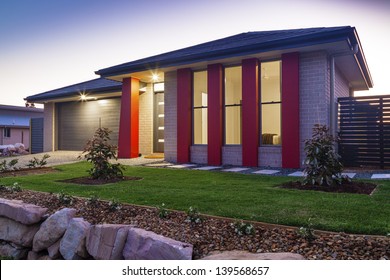 New Australian Townhouse Front At Dusk