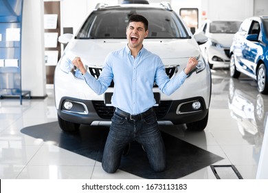 New Auto. Excited Man Shouting Shaking Fists Celebrating Buying New Car Standing On Knees In Dealership Store