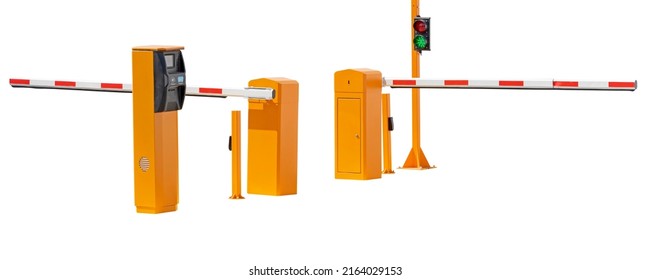 The New Automatic Barrier Gates And The Traffic Light On White Background