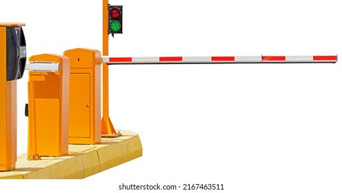 The New Automatic Barrier Gates And The Traffic Light On White Background