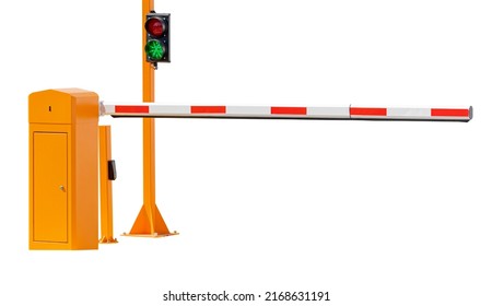 The New Automatic Barrier Gates And The Traffic Light On White Background