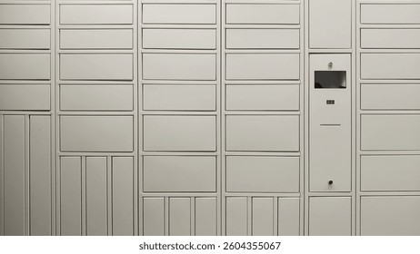 New automatic post terminal with unsigned lockers of different size for self service parcel delivery. Modern logistics and post services