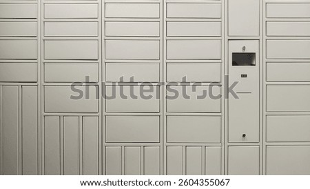 New automatic post terminal with unsigned lockers of different size for self service parcel delivery. Modern logistics and post services