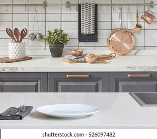 new background white table with modern kitchen accessories, interior design