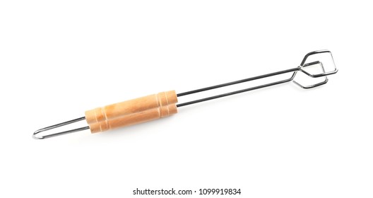 New Barbecue Tongs With Wooden Handle On White Background