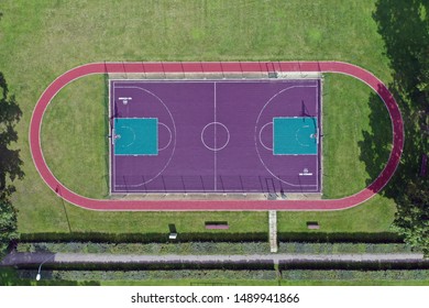 New Basketball Court In Small Stadium, Aerial