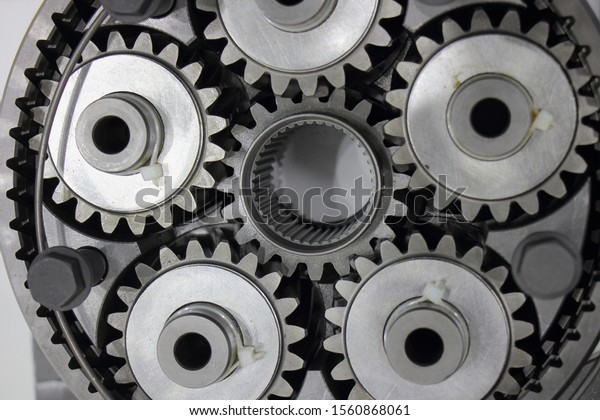 New beautiful 5 planetary gears in gear box,\
motion and collaboration\
symbol