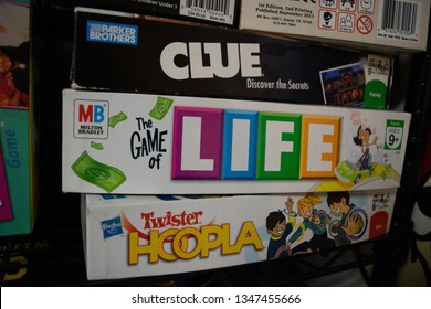 New Bedford, MA March 22, 2019: Clue, Game Of Life And Twister Hoopla Board Games