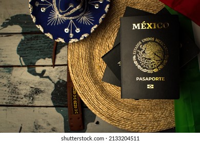 new biometrical passport with electronic icon on a circular plate of thread and some icons of Mexican culture. Translation on cover text  "Mexico-United States of Mexico- passport". - Shutterstock ID 2133204511