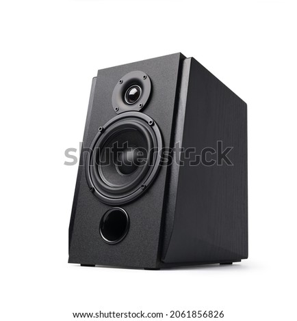 A new black bookshelf speaker isolated on white background. Clipping path.