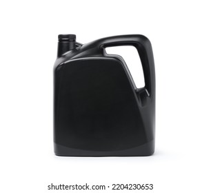 A New Black Motor Oil Container Isolated On White Background, Plastics Material, Clipping Path.