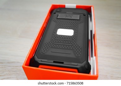 New Black-orange Rugged Smartphone In Box, Back Cover View