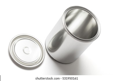 New Blank And Empty Tin Paint Can With An Open Lid Isolated On White Background With Clipping Path.