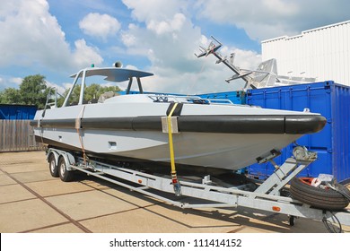 New boat on a trailer in a Dutch shipyard. Netherlands