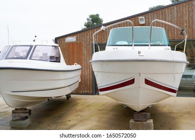 New Boat For Sale Dealership Stored Up In Dry Storage Waiting For Hire Rent Or Buy