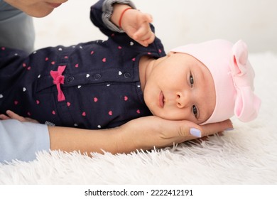 New Born Baby Girl On Texture Blanket, Lying On Blanket, Opened Eyes.