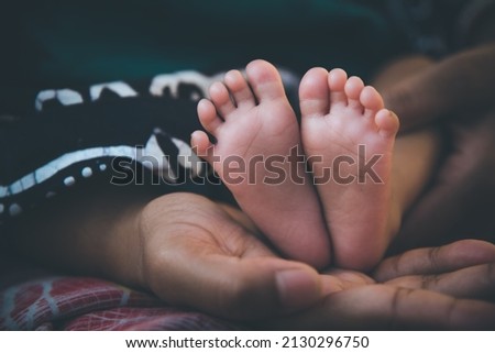 New Born Baby Little Feet in Mother's Hands.  Beautiful Conceptual Photo of Maternity.