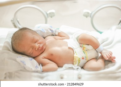 New Born Baby Sleep In Incubator.