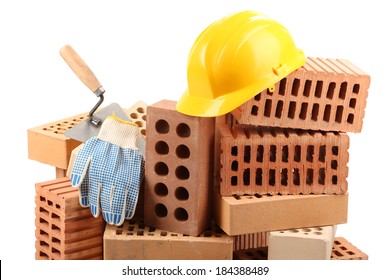 New Bricks And Building Tools, Isolated On White 