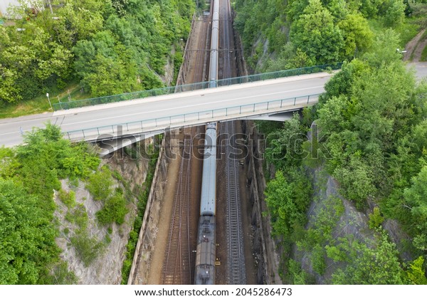 A new bridge across a small river. Summer time. Small reinforced ...