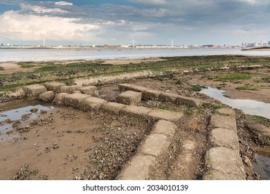 New Brighton, Wirral, UK - August 4 2021: Stone Remains From The Demolished Outdoor Swimming Pool Next To The Pier.