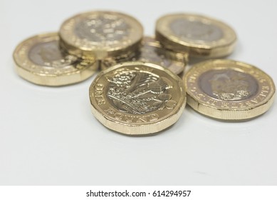 New British Sterling Pound Coins close up studio shot white background