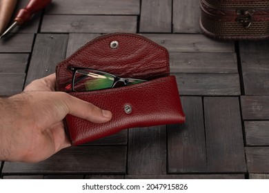 New Brown Leather Wallet With Full Of Cards. Vintage Style Card Holder In Hands