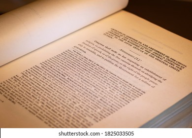 New Brunswick, NJ - September 20, 2020: Open Book Shows Selective Shallow Focus On The First Amendment To The Constitution Of The United States Of America, Commonly Known As The 