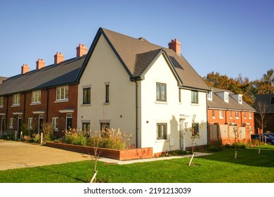 New Build Houses On New Housing Estate In England. Fresh Newly Built Family Homes. Housing And Property Market Image