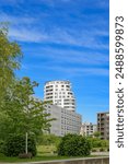 New building in Berlin-Spandau: "Quartier Havelspitze" neighborhood at Hakenfelde in spring - inscriptions were removed