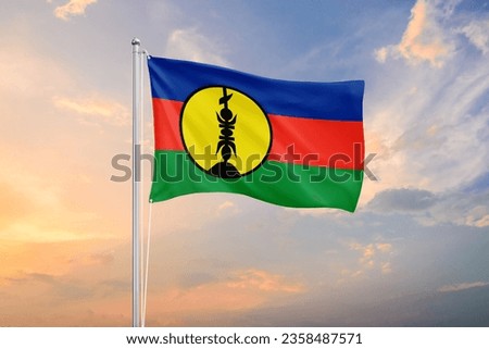 New Caledonia flag waving on sundown sky