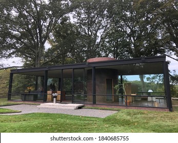 NEW CANAAN, CT - OCT 2: The Glass House by Philip Johnson in New Canaan, Connecticut, as seen on Oct 2, 2019.