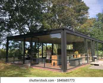 NEW CANAAN, CT - OCT 2: The Glass House by Philip Johnson in New Canaan, Connecticut, as seen on Oct 2, 2019.