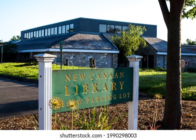 NEW CANAAN, CT, USA- JUNE 13, 2021: New Canaan Library Building With Sign