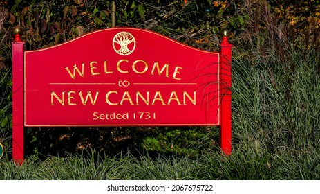 NEW CANAAN, CT, USA - NOVEMBER 1, 2021: Red New Canaan Town Entrance Sign