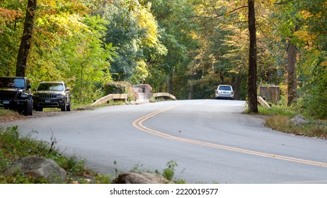 New Canaan, CT, USA - October 22, 2022: Rural Road During The Autumn Season In New Canaan Connecticut
