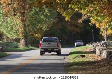 New Canaan, CT, USA - October 22, 2022: Rural Road During The Autumn Season In New Canaan Connecticut
