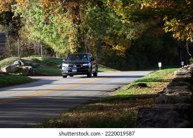 New Canaan, CT, USA - October 22, 2022: Rural Road During The Autumn Season In New Canaan Connecticut
