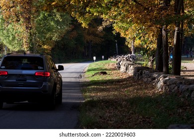 New Canaan, CT, USA - October 22, 2022: Rural Road During The Autumn Season In New Canaan Connecticut
