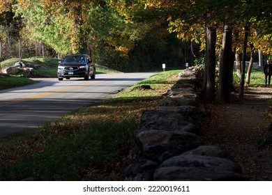 New Canaan, CT, USA - October 22, 2022: Rural Road During The Autumn Season In New Canaan Connecticut
