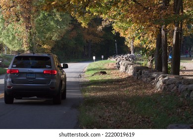 New Canaan, CT, USA - October 22, 2022: Rural Road During The Autumn Season In New Canaan Connecticut
