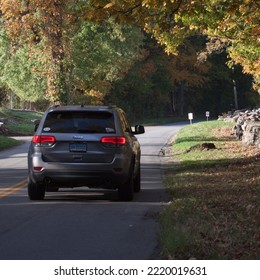 New Canaan, CT, USA - October 22, 2022: Rural Road During The Autumn Season In New Canaan Connecticut
