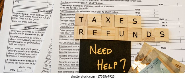 New Canadian Personal Tax Forms And Letter Tiles Showing Refunds And Taxes - Banner Panorama